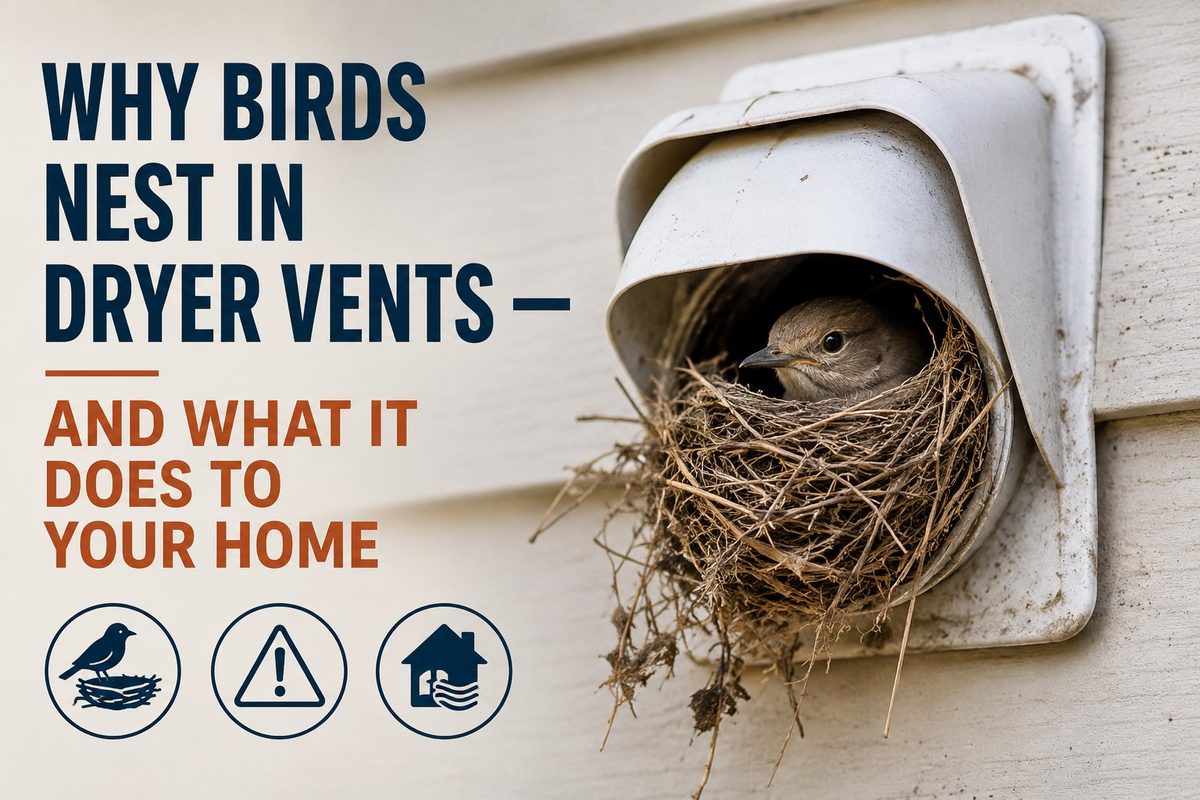 A bird nesting inside a home's exterior dryer vent hood, with twigs and grass spilling out