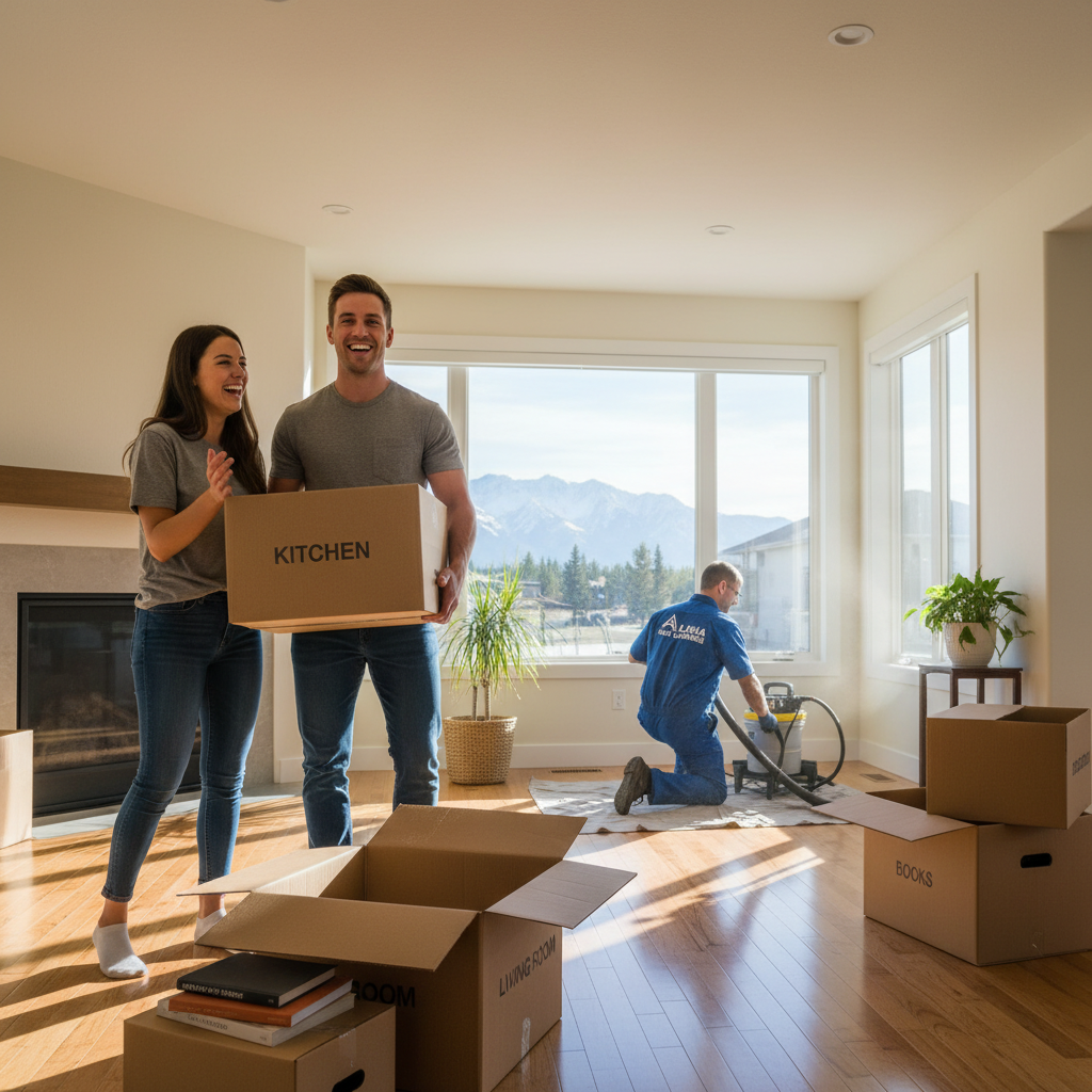 Happy couple moving into their new Stony Plain home while a duct cleaning technician cleans the air vents