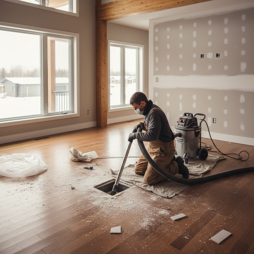 Post-renovation home with construction dust visible near air vents and duct cleaning technician working